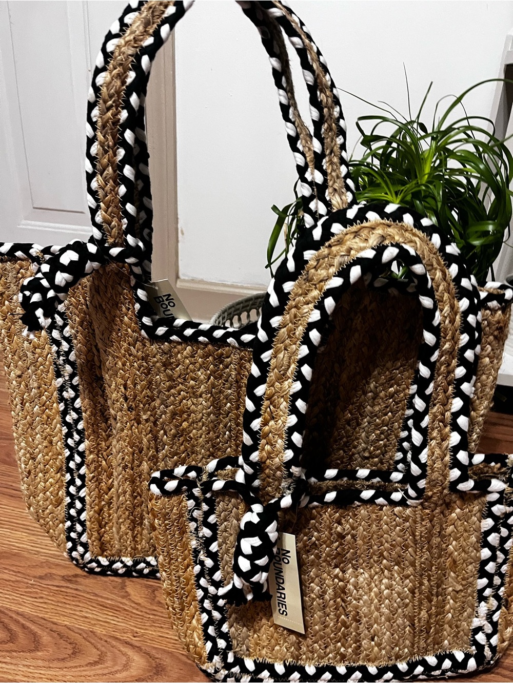 Woven Straw Tote Bag with Black & White Trim is new Jute  2 pieces big and small